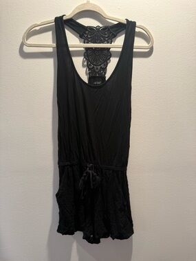aerie Black Crochet-Back Sleeveless Romper